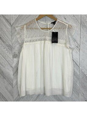 Como Black Pleated Accordion Blouse Womens XL White Short Sleeve Lace Top NWT